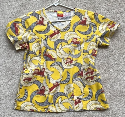 Universal Studios Curious George Monkey Bananas Yellow Scrub Top Women's M - Image 1 of 3