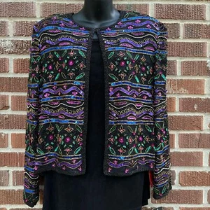 Papell Boutique Evening Beaded Sequin Jacket 100% Silk Green Purple Sz 12 - Picture 1 of 12