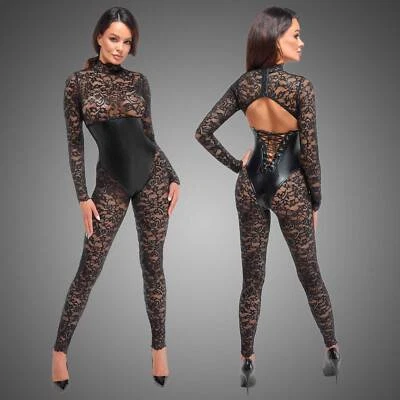 NOIR HANDMADE Enigma Catsuit Spitzen-Overall mit Wetlook-Body Schritt-RV KINKY - Bild 1 von 4