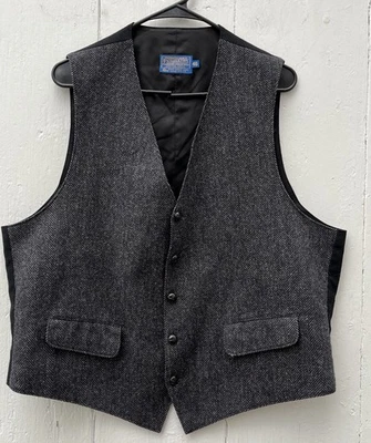 PENDLETON Vest Mens 46 (L) Gray Virgin Wool Herringbone Flecks Button Up Pockets - Image 1 of 4