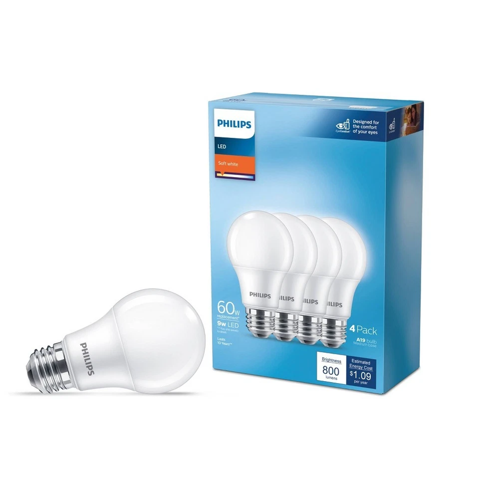 Philips LED 60W Frosted Soft White Non-Dim A19 800 Lumens E26 Light Bulb, 4-Pack - Image 1 of 1