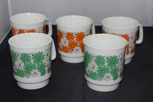 Vintage Stylecraft Retro Daisy Flower Power Stacking Coffee Cups. Set Of 5 Japan - Picture 1 of 6