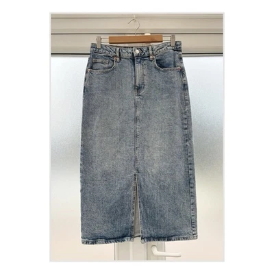 F&F Blue Denim Midi Skirt UK 12 Front Slit Pockets Casual Stretch Excellent  - Image 1 of 4