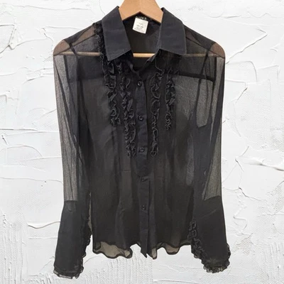 VTG 90s Whimsigoth Silk Ruffle Dark Coquette Sheer Button Up Renaissance Top S - Image 1 of 4