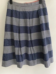 BODEN SKIRT Size 12R Blue Pleated Polka Dots Stripes Navy White Pockets A Line - Picture 1 of 11