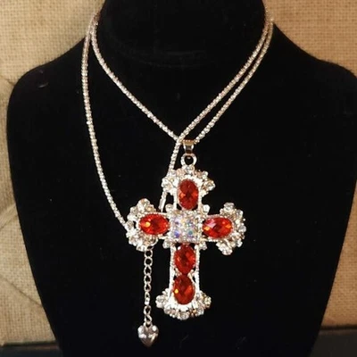 Red and Gold Decorative Cross Betsey Johnson Enamel and Rhinestone Necklace - Image 1 of 4