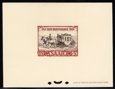 Saar 1950 Stamp Day Stagecoach Scott# B76 RARE Deluxe Proof XF Only 140 Produced - Image 1 of 2