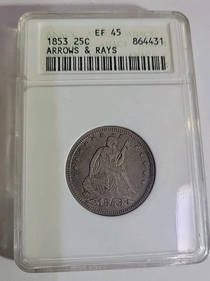1853 "P" Seated Liberty Quarter *ARROWS & RAYS* 25c ANACS EF45 XF - Image 1 of 4