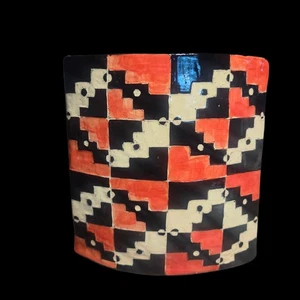 Studio Kunst Keramik Vase abstraktes geometrisches Design 8"x7" orange schwarz weiß Dekor - Bild 1 von 8