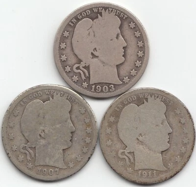 1903 S AG-G, 1907 S G-G+, & 1911 D AG-G Barber Quarters, 3 coins - Image 1 of 2