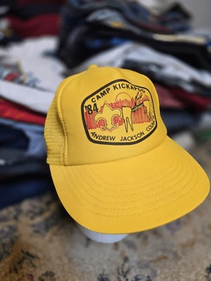 De colección Años 80 Boy Scouts BSA Campamento Kickapoo Snapback Gorra Camionero Malla Amarilla Foto 1 de 4
