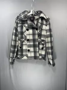 YMI Women’s Pea Coat White & Gray Plaid Collared Button Down Size Medium Furry - Picture 1 of 14