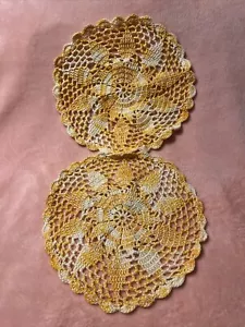 Vintage PAIR 10” Hand Crocheted GOLDEN PEACH Centerpiece DOILIES - Picture 1 of 6