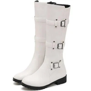 Women New Trend White Solid Knee High 3 Buckle Leather Low Heel Boots Size US 6 - Picture 1 of 7