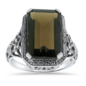 ANILLO FILIGRANA ESTILO ART DECO PLATA ESTERLINA 925 CUARZO AHUMADO ORIGINAL 7 quilates 021z - Imagen 1 de 3