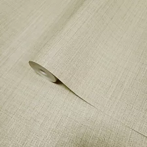Yellow goldish Cream faux grass sackcloth fabric textured plain modern wallpaper - Picture 1 of 12