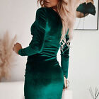 Long Sleeve V Neck Dress Ruched Bodycon Mini Dress For Cocktail (Green XXL) NOW