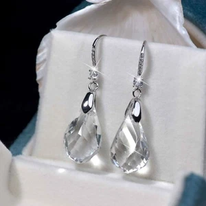 18k white gold made with SWAROVSKI crystal drop dangle hook earrings sparkling - Picture 1 of 12
