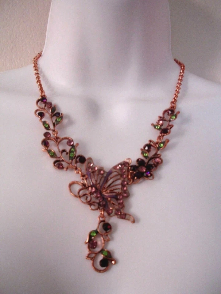 Believer In Cooper Metal Collection Romantic Butterfly And Flower Bib Necklace. - Image 1 of 4