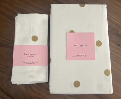 Kate Spade Gold Metallic Dots Circles Tablecloth 60x102 + 4 Matching Napkins New - Image 1 of 4