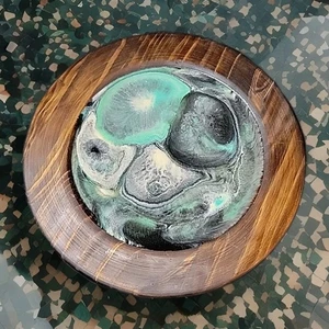  Signed 14 inch Round Wood Tray/Plate with Epoxy Resin Center - Picture 1 of 5