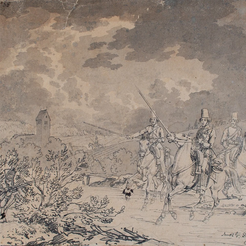 Carl Friedrich Heinzmann Donische Kosacken Virstudie Orig Tusche Zeichnung 1822 - Bild 1 von 3