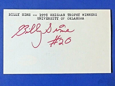 BILLY SIMS #20 SIGNED 3x5 INDEX CARD Detroit Lions FOOTBALL ~ JSA COA - Image 1 of 2