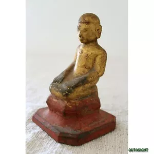 Wood carving monk Myanmar Burma Lacquered Gold Antique 19th century - Picture 1 of 7