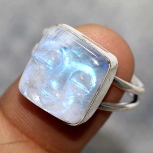 Carved Natural Rainbow Moonstone Face 925 Silver Plated Ring US 8.5 GW - Picture 1 of 3