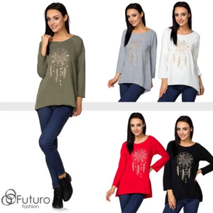 Ladies Oversize Cotton Tunic Dream Catcher Rhinestones Asymmetric Shirt FT3793 - Picture 1 of 8
