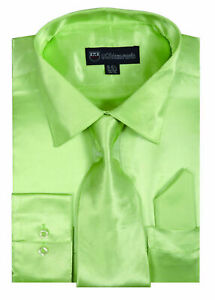 ** Men's Shiny Satin Dress Shirt Set With Tie and Handkerchief SG08 SZ:15.5-20.5