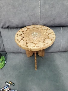 Vintage Carved Teak Plant Table Pedestal Display Stand Inlaid Mid-Century India - Picture 1 of 21
