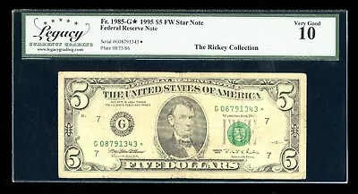 DBR 1995 $5 FRN Chicago STAR Fr. 1985-G* Legacy 10 Serial G08791343* - Image 1 of 2