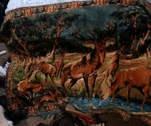 Vintage 1960s Deer In Forest Backdrop Wall Hanging Velvet-Like Finish 76"X5o" - Picture 1 of 3
