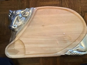 Vintage Winsome Wood Pewter BullHead Cow Thailand Cutting Board - Picture 1 of 11