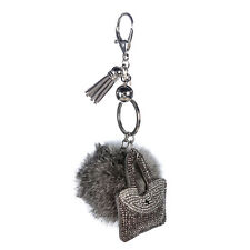 Taschenanhänger Schlüsselanhänger Handtasche Pompom grau silber 11 cm