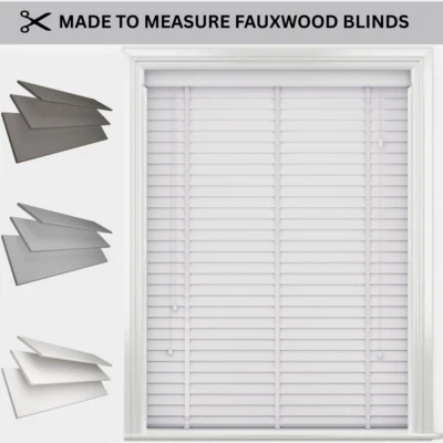 MADE TO MEASURE VENETIAN BLIND FAUX WOOD TAPE BLINDS WITH WHITE GREY 50MM SLATS - Image 1 of 2