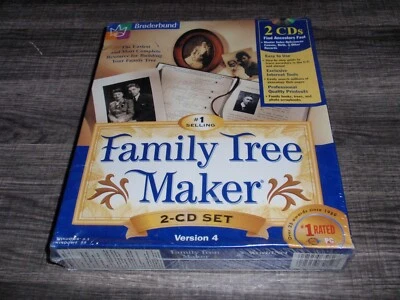 Family Tree Maker Version 4 PC CD-ROM 2-disc Broderbund 1998 New Sealed Big Box - Image 1 of 4