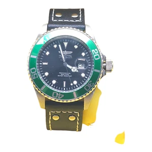 Invicta Pro Diver Black Dial Green Bezel Black Leather Men's Watch 22072 in Box - Picture 1 of 8