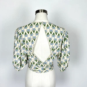 Zara Floral Crop Top Blouse Open Back Wrapped Tie Waist Linen Blend Fairy Sz XL - Picture 1 of 10
