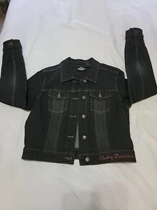 Giacca Harley Davidson vintage, donna taglia L, denim nero ritagliato con bottoni - Foto 1 di 12