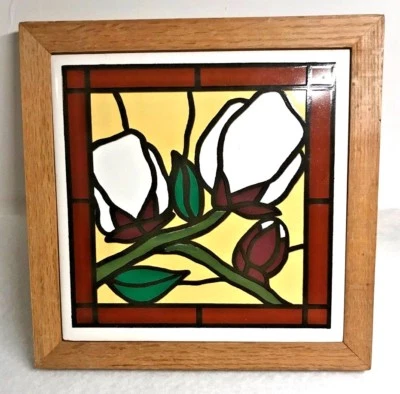 Flor de rosa 7” azulejo remache detalles madera de roble marco vitral aspecto colgante 🌹USADO EN EXCELENTE ESTADO Foto 1 de 3