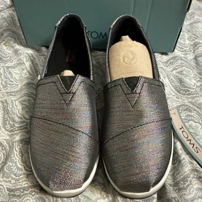 Mocasín TOMS Niñas Plataforma Alp Plano, Negro Brillo Sarga Talla 2 Niño Grande Nuevo Foto 1 de 4