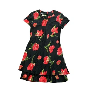 1990s Vintage Dawn Joy Black Red Green Floral Patterned Mini Dress Size 12 - Picture 1 of 4