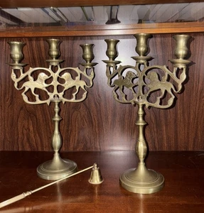 2 Matching Vintage Brass 3 Arm Lion of Judah Candelabras Candle Sticks w/bonus - Picture 1 of 6