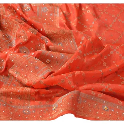 Sanskriti Vintage Dupatta Long Stole Pure Silk Peach Hand Beaded Woven Scarves - Image 1 of 4