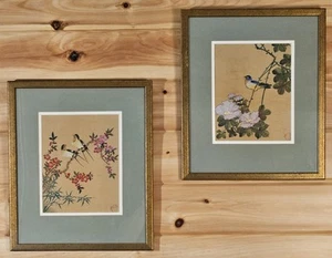 Zwei alte Yai Hop Lui Original chinesische Gemälde auf Seide, Vögel & Blumen A - Bild 1 von 13