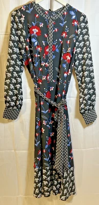TALBOTS MIXED FLORAL CREPE DRESS WOMENS SIZE 12 BLACK WITH FLOWERS & TIE - Image 1 of 4