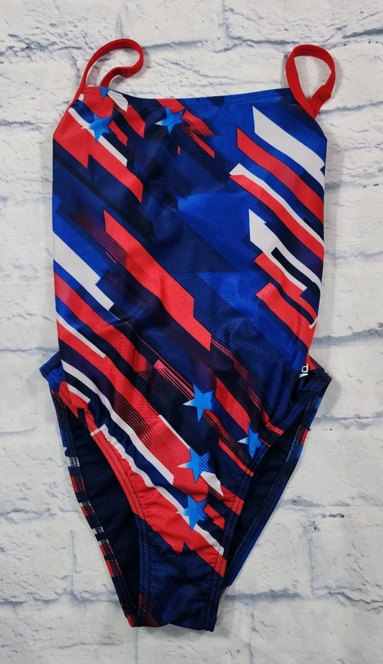 Speedo WOMENS JUNIORS 28 Pro LT Stripes & Stars Relay Back One Piece Swimsuit