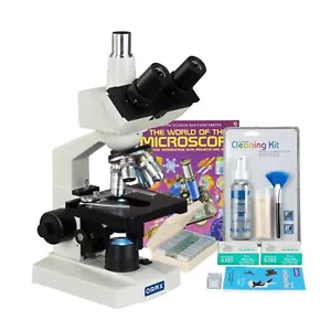 Microscopio compuesto trinocular LED OMAX 40X-2500X + diapositivas + libro + kit de limpieza - Imagen 1 de 8